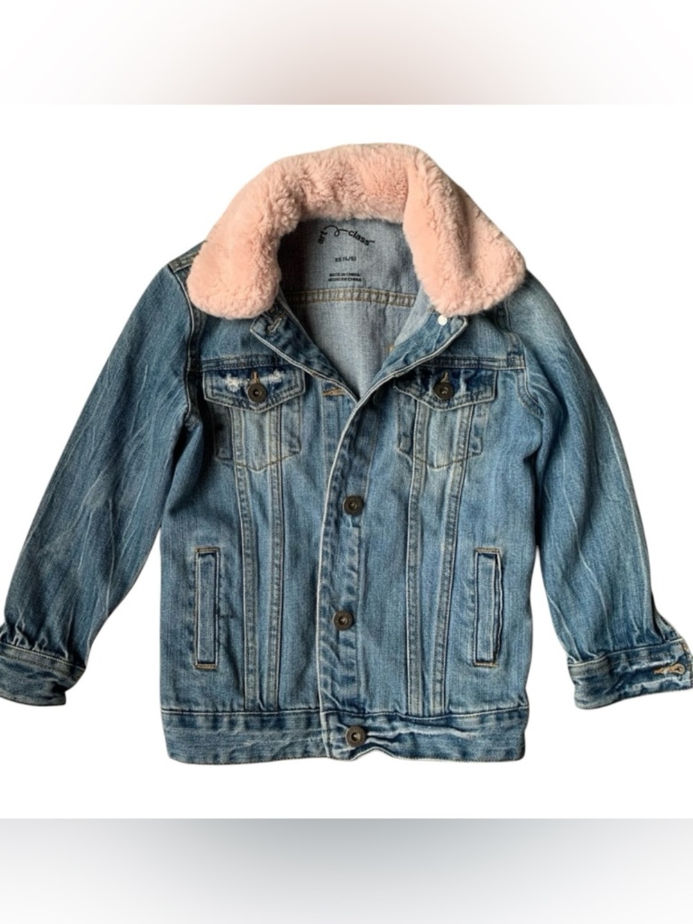 🎇🎆3for$9 art class girls Jean jacket-denim, pink collar, black. Size XS/4/5
